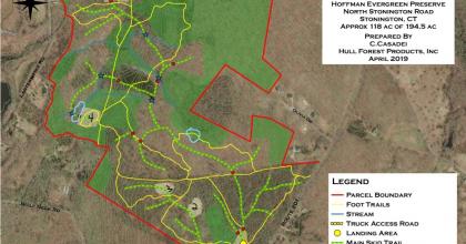 Aerial timber harvest map delineating areas within the preserve of harvest, no harvest, foot trails, stream crossings, and access roads