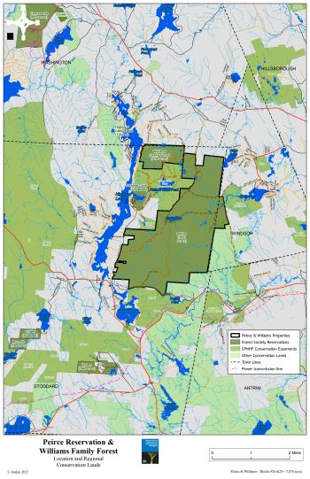 Location of Peirce Reservation and surrounding conservation lands (2022) Location of Peirce Reservation and surrounding conservation lands (2022)