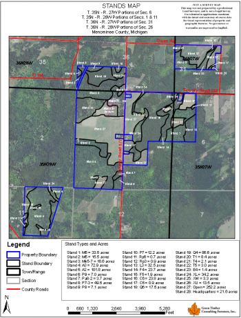A stand map for Warren's property, prepared by Green Timber Consulting Foresters.