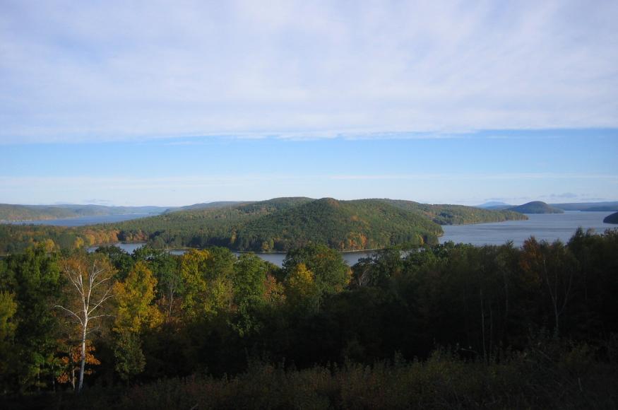 A forested landscape with a water reservoir visible in the distance.